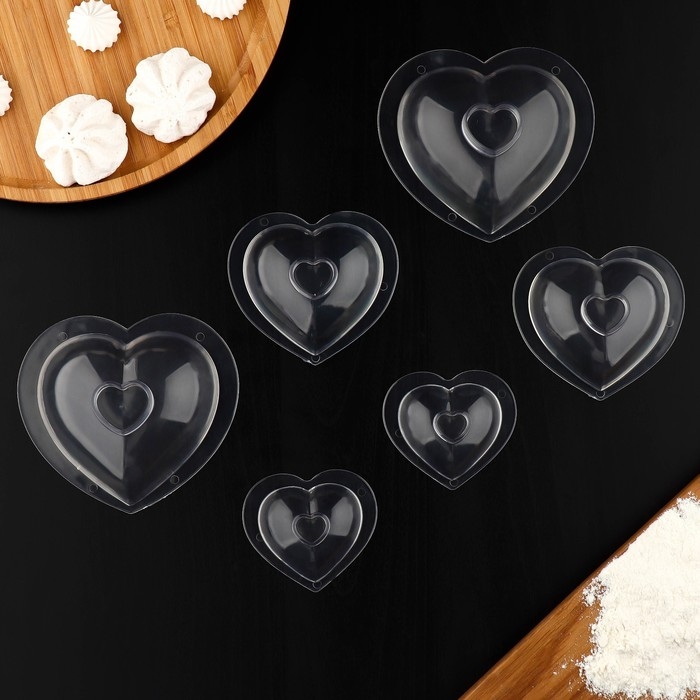 Набор молдов Доляна &laquo;Сердца&raquo;, 3 шт, 11,2&times;10,5&times;9,5 / 9&times;7,7&times;6,5 / 7&times;5,5&times;4,5 см, цвет прозрачный