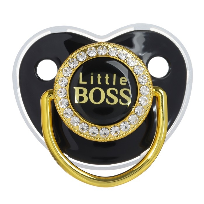Соска - пустышка силиконовая ортодонтическая &laquo;Маленький БОСС&raquo;, от 6 мес., с колпачком + держатель - цепочка, цвет черный/золото, стразы