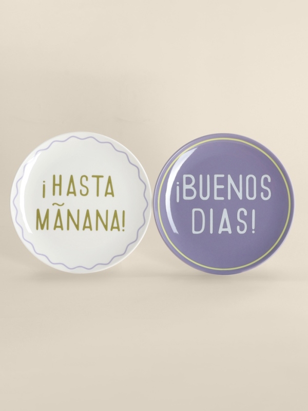 Тарелки SL Home &laquo;Уроки испанского: &iexcl;Hasta ma&ntilde;ana - Buenos dias&raquo;, d=22 см, набор 2 шт., фарфор, белые, фиолетовые