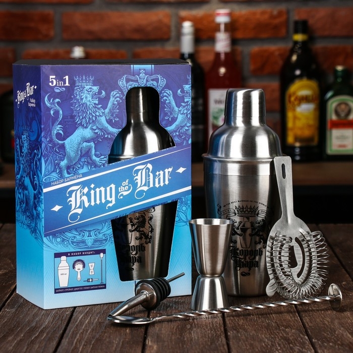 Набор для приготовления коктейлей &laquo;Король бара&raquo;, гейзер, джиггер, шейкер 600 мл, стрейнер, ложка