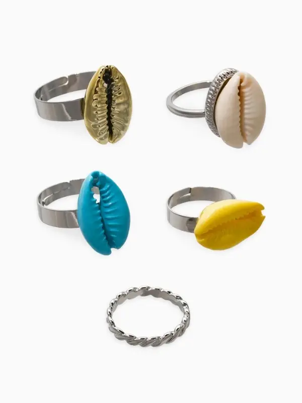 Набор колец 5 шт "Новый стиль" ракушки, размер МИКС, цветные в  серебре