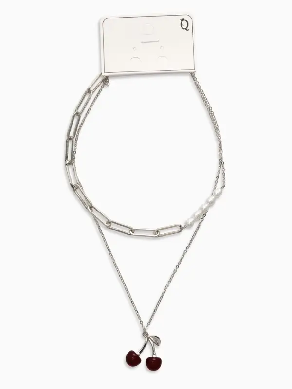 Кулон-цепь 2 яруса "Вишня", цвет бордовый в серебре 40+50+удл