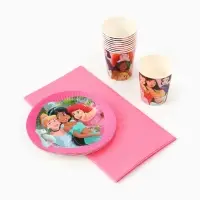 Посуда одноразовая бумажная на 10 персон: стаканы, тарелки, скатерть, Принцессы