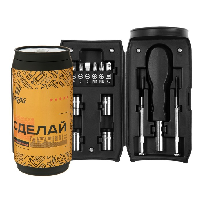 Набор инструментов ТУНДРА, подарочный пластиковый кейс "Банка", 13 предметов