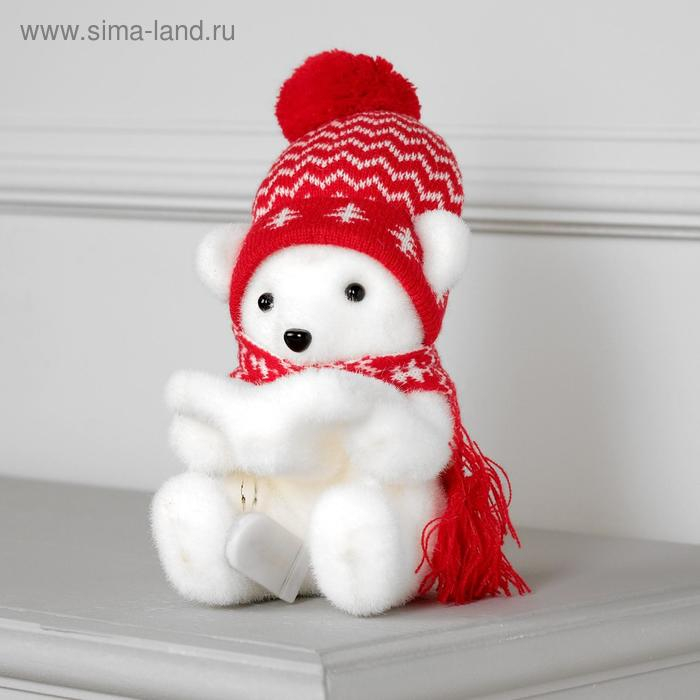 Светодиодная фигура &laquo;Медвежонок в шапке&raquo; 10 &times; 18 &times; 10 см, флок, батарейки CR2032х2 (в комплекте), свечение тёплое белое