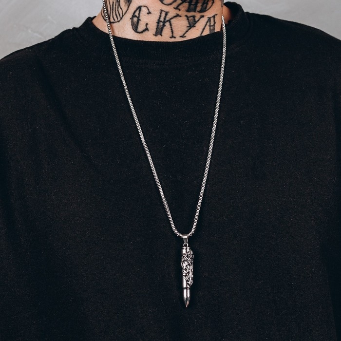 Кулон унисекс &laquo;Пуля&raquo; резной рисунок, цвет чернёное серебро, 60 см
