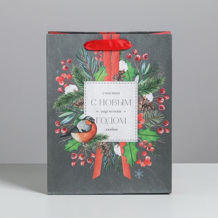 Пакет подарочный новогодний крафтовый вертикальный &laquo;Счастья и любви&raquo;, MS 18 х 23 х 10 см, Новый год