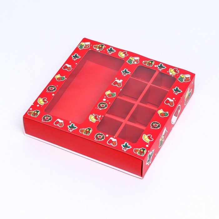 Новый год. Коробка под 8 конфет и шоколадки, 17,7х17,7х3,8 см, кондитерская упаковка