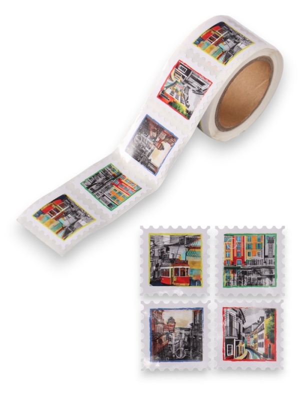 Наклейка бумага "Марки. Города" 3х3 см 200 шт в рулоне