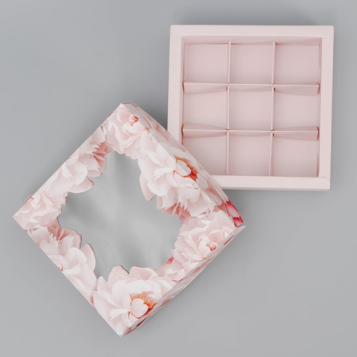 Коробка для конфет, кондитерская упаковка, 9 ячеек, &laquo;Нежность&raquo;, 14.7 х 14.7 х 3.5 см