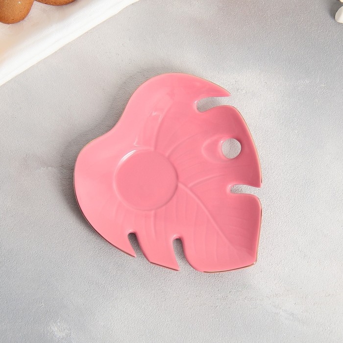 Чайная пара &laquo;Розовая монстера&raquo;, кружка 100 мл, блюдце 15х14 см