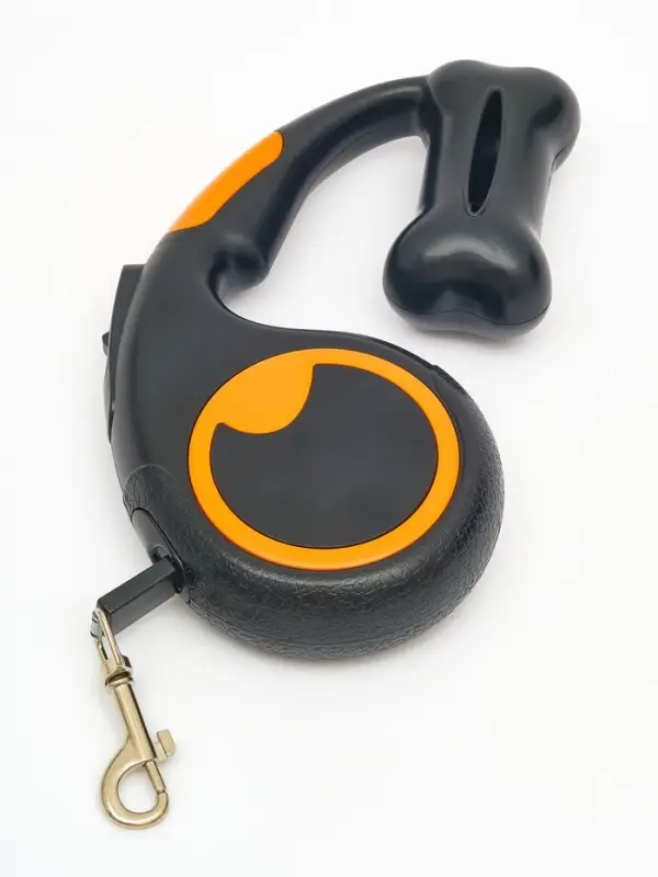 Рулетка - поводок "Косточка", с контейнером для пакетов, трос 3 м, чёрная/оранжевая