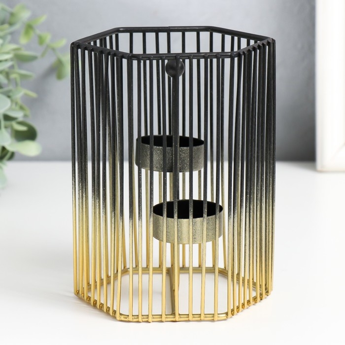 Подсвечник металл на 2 свечи "Шестиугольная клетка" d-4,5 см золот.-чёрный 11,5х11,5х15,5 см   93307