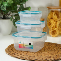 Набор контейнеров для продуктов с защёлкой, герметичная крышка, 3 шт: 400 мл, 800 мл, 1,5 л, прозрачные, крышка голубая
