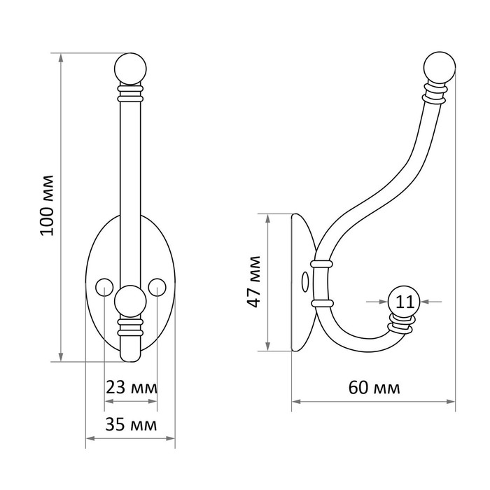 Крючок мебельный ТУНДРА TKD021, двухрожковый, черный, 8 шт