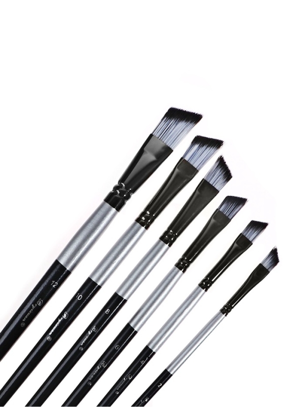 Набор кистей синтетика плоские 6 штук скошенные, черно-серые (№2,4,6,8,10,12)