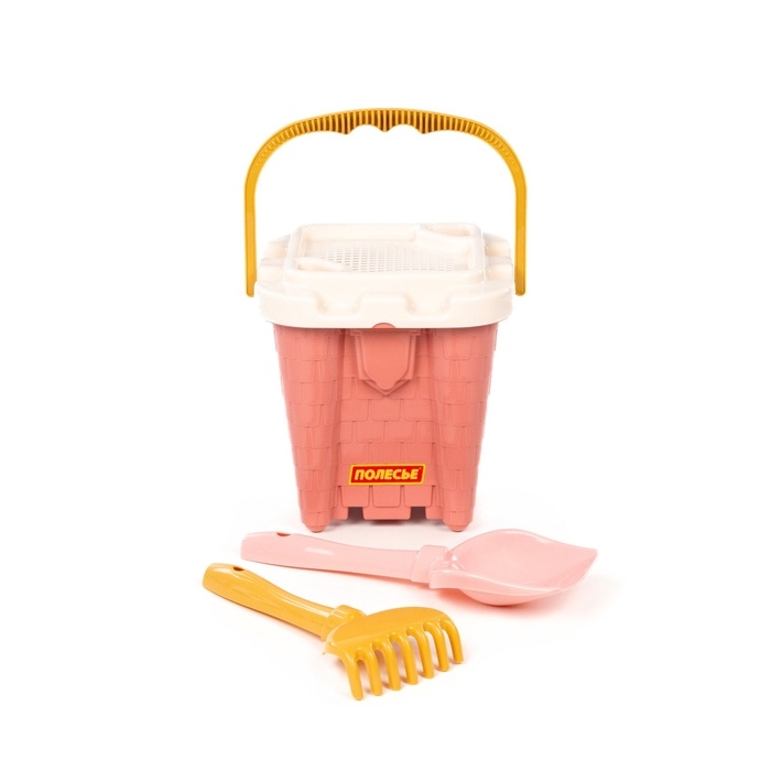 Песочный набор игрушек, 4 предмета: ведро-замок, ситечко, лопатка, грабельки, розовый