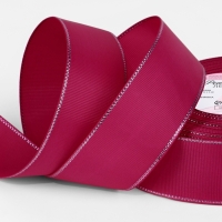 Лента репсовая 40мм*25&plusmn;1ярд(23м&plusmn;1м) серебряные нити №028 ярко-розовый АУ