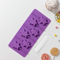 Форма для леденцов новогодний Доляна &laquo;Звёзды&raquo;, силикон, 24&times;11&times;1 см, 6 ячеек (5,2&times;4 см), с палочками, цвет МИКС