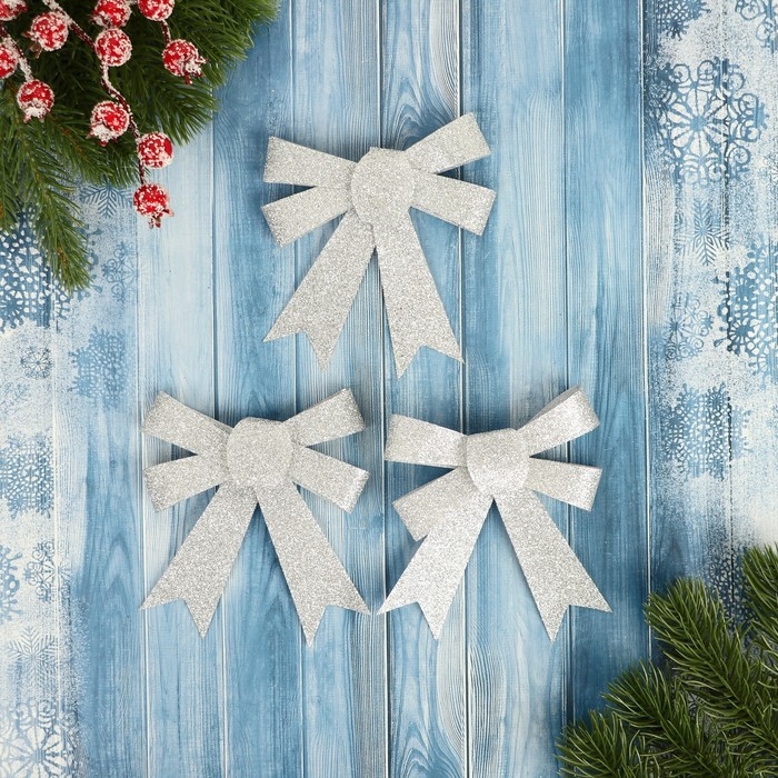 Ёлочные игрушки 3 шт. &laquo;Зимнее волшебство. Бант - блеск&raquo; пластик, 9х10 см, серебро