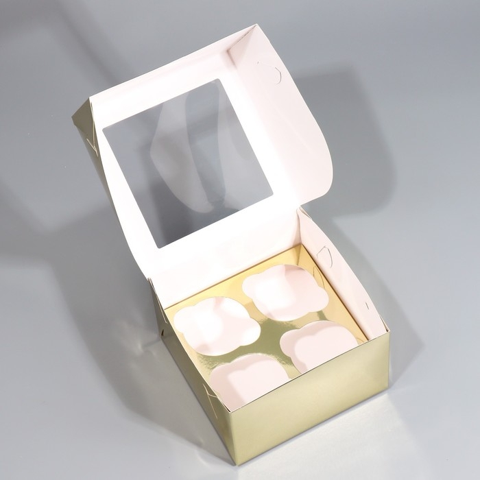 Коробка для капкейков, кондитерская упаковка с окном, 4 ячейки &laquo;Шампань&raquo;, 16 х 16 х 10 см