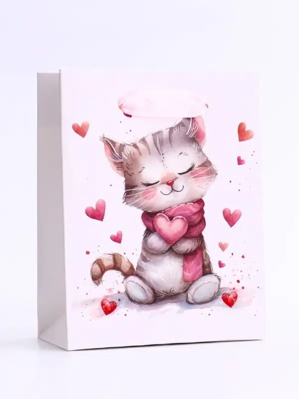 Пакет подарочный вертикальный &laquo;Сердечный котик&raquo;, S 12&times;15&times;5.5 см