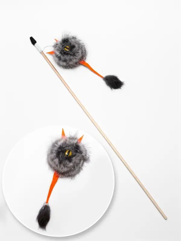 Дразнилка-удочка  из меха кролика "Монстрик" на деревянной палочке