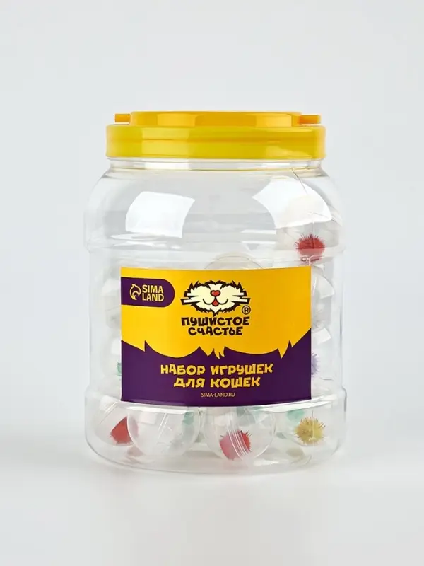 Шарик для кошек с помпошкой, 4 см, фасовка в банку по 25 шт, МИКС