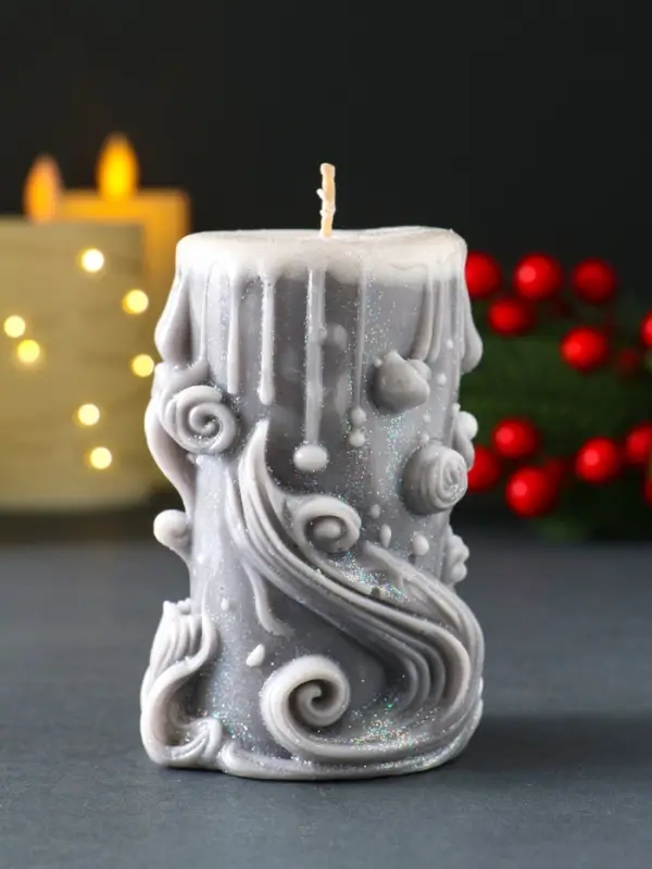 Свеча новогодняя столбик "Волшебство" серый