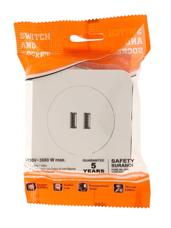 Розетка с 2 USB-A разъёмами, 2.1А, 5В, серия "Circular", 10 А, скрытая, белая