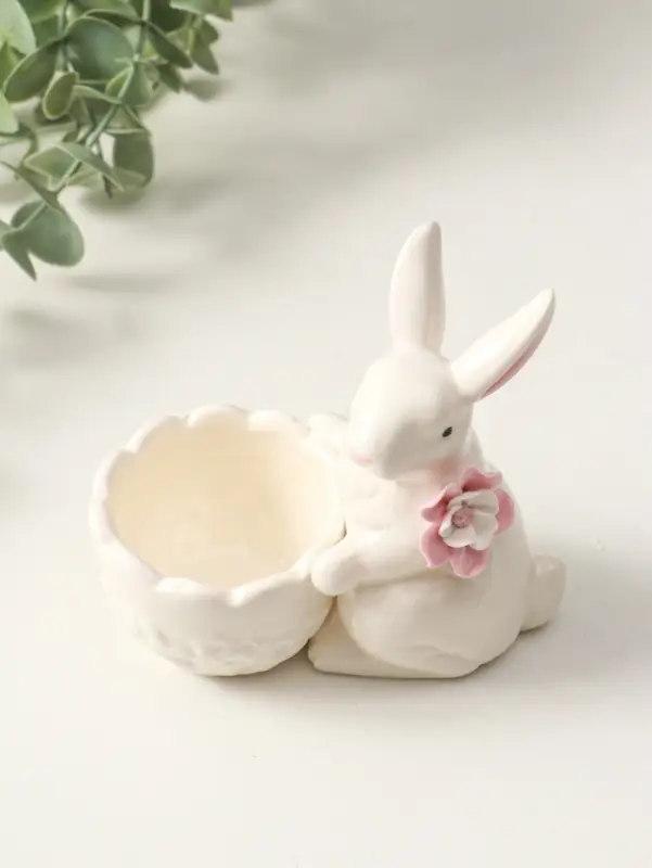 Сувенир керамика подставка "Зайка с цветком" белый 10,5х4,5х10 см