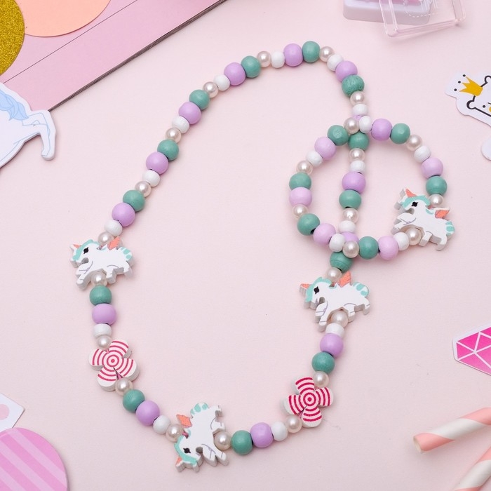 Набор детский &laquo;Выбражулька&raquo; 2 предмета: бусы, браслет, единорог, цветной
