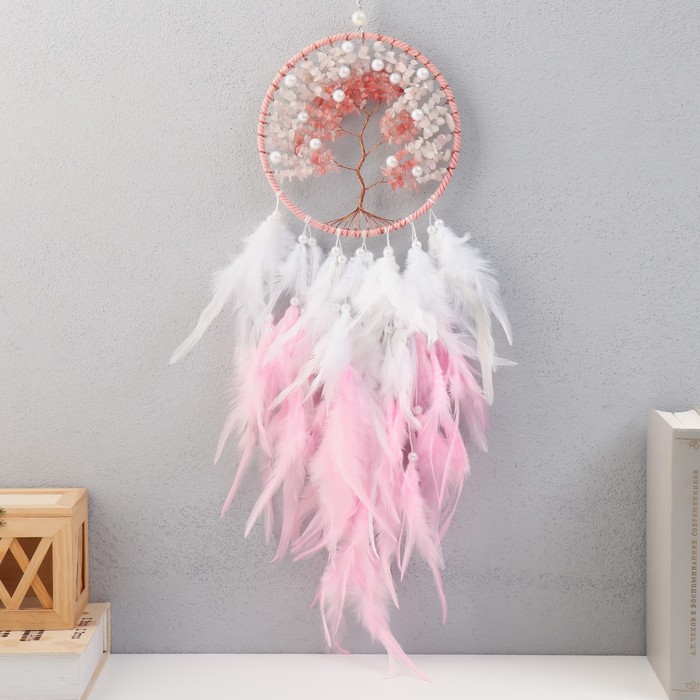 Ловец снов "Дерево с жемчугом" бело-розовый d=16 см 65х16 см МИКС