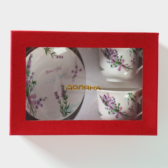 Сервиз фарфоровый чайный Доляна &laquo;Лаванда&raquo;, 4 предмета: 2 чашки 220 мл, 2 блюдца d=14,2 см, цвет белый