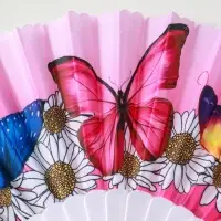 Веер пластик, текстиль "Ромашки и бабочки" МИКС широкие лопасти 23 см