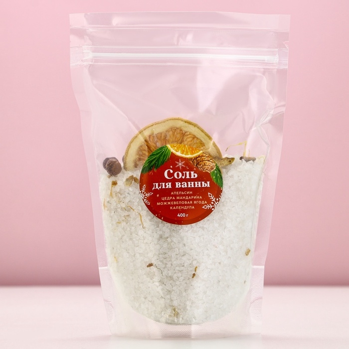 Соль для ванны с апельсином, цедрой мандарина, можжевеловой ягодой и календулой, 400 г, Новый Год