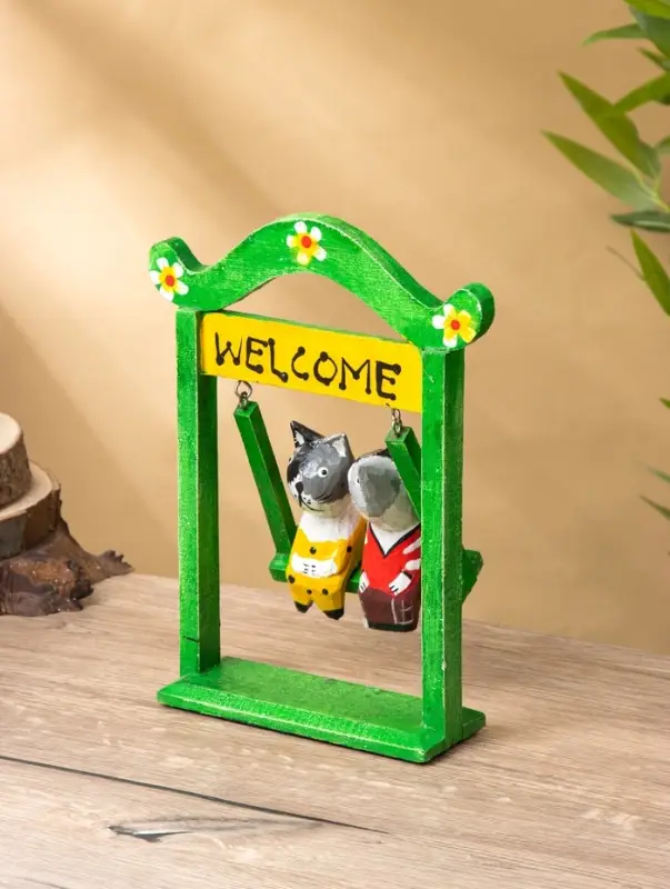 Сувенир интерьерный "Кошечки на качелях" 15х7х25 см, дерево, цв. зелёный