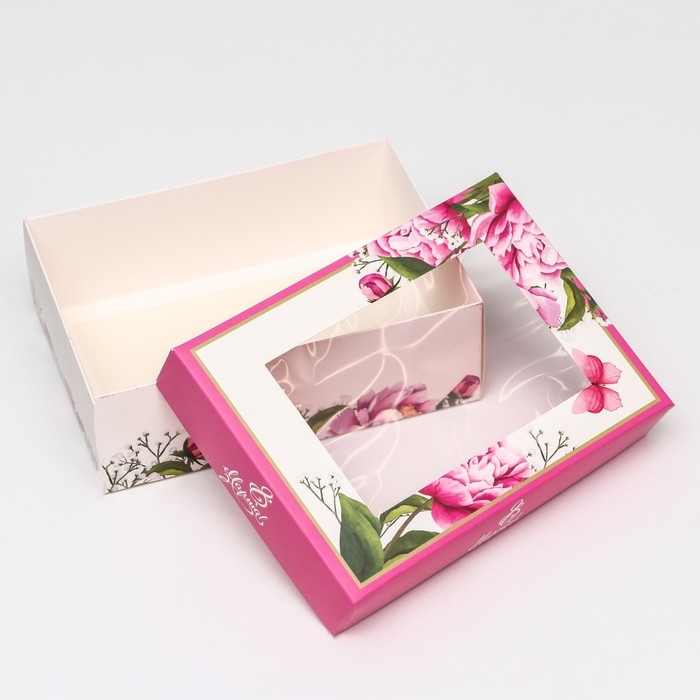 Коробка складная, с окном "Весенние пионы"  21 х 15 х 7 см