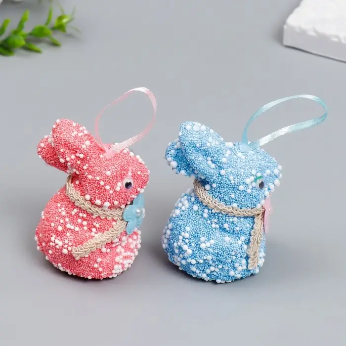Подвесное украшение пасхальное &laquo;Кролик: посыпка, цветочек на шее&raquo;, набор 2 шт., 9 см, МИКС