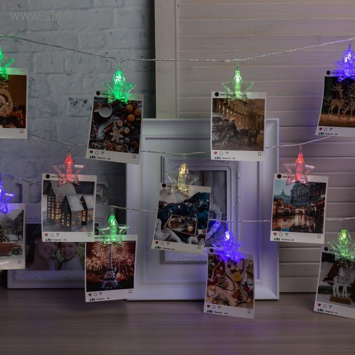 Гирлянда &laquo;Нить&raquo; 4.5 м с насадками &laquo;Прищепки-звёзды&raquo;, IP20, прозрачная нить, 20 LED, свечение мульти (RG/RB), мигание, 220 В