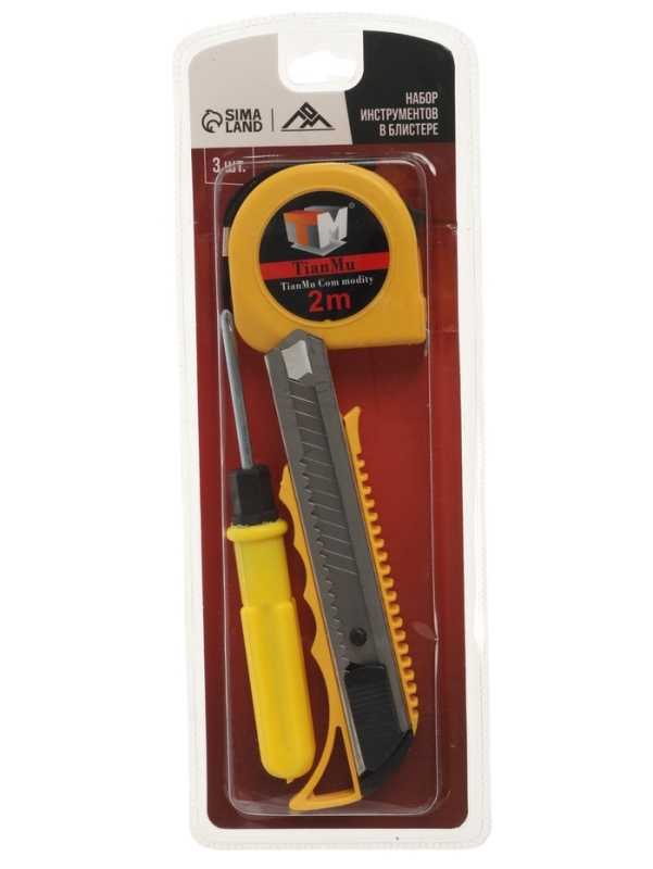 Набор инструментов в блистере ЛОМ, рулетка, отвертка 2 в 1, нож, 3 шт.