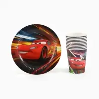 Посуда одноразовая бумажная на 10 персон: стаканы, тарелки, скатерть, Машинки
