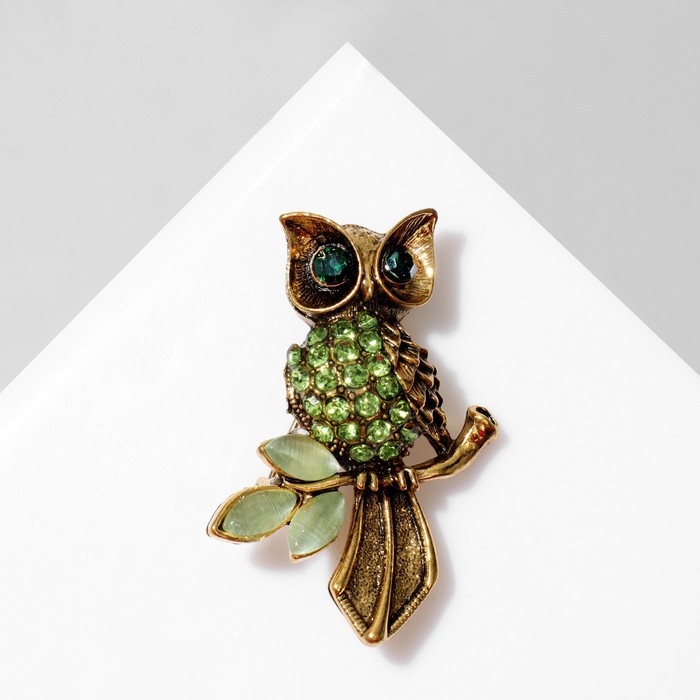 Брошь &laquo;Сова на ветке&raquo;, цвет зелёный в чернёном золоте