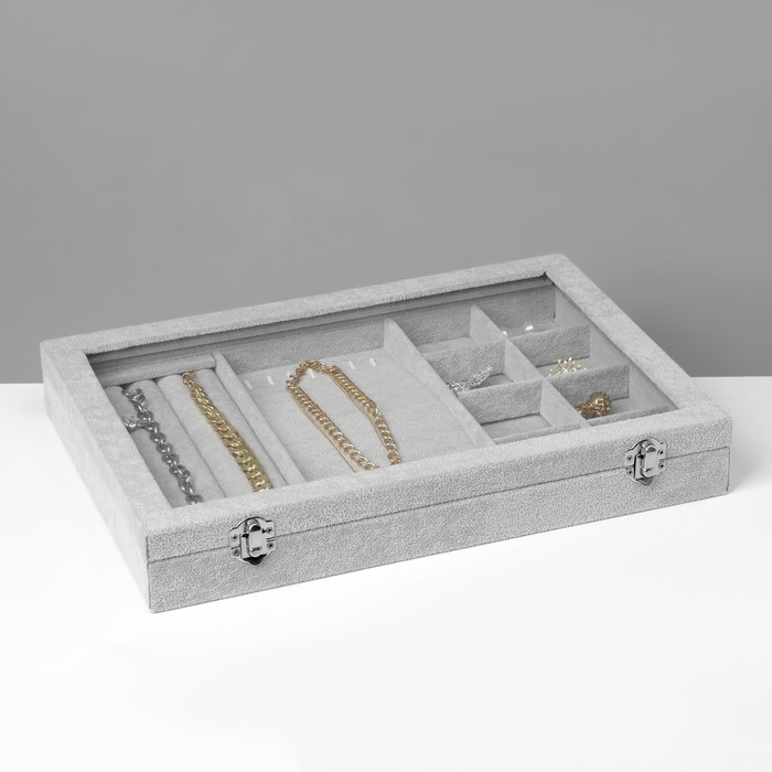 Подставка для украшений &laquo;Шкатулка&raquo; 4 полосы, 7 крючков, 8 ячеек, стеклянная крышка, цвет серый