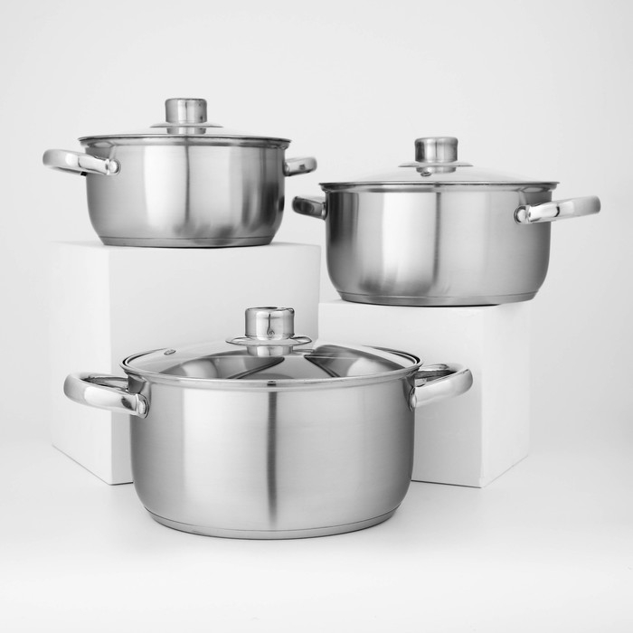 Набор кастрюль из нержавеющей стали Доляна &laquo;Гретте&raquo;, 3 предмета: 2,3 л, 3,2 л, 4,2 л, крышки