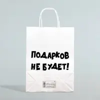 Пакет бумажный подарочный новогодний крафт с приколами, &laquo;Подарков не будет!&raquo;, белый, 28 х 24 х 14 см.