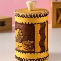 Туес шитый "Домики", D8смхH(с хватком)14см, береста