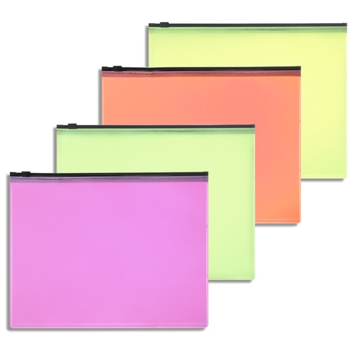Набор папок-конверт на ZIP-молнии А4, 150 мкм, Calligrata Neon, c черной молнией, неон, 4 штуки, микс
