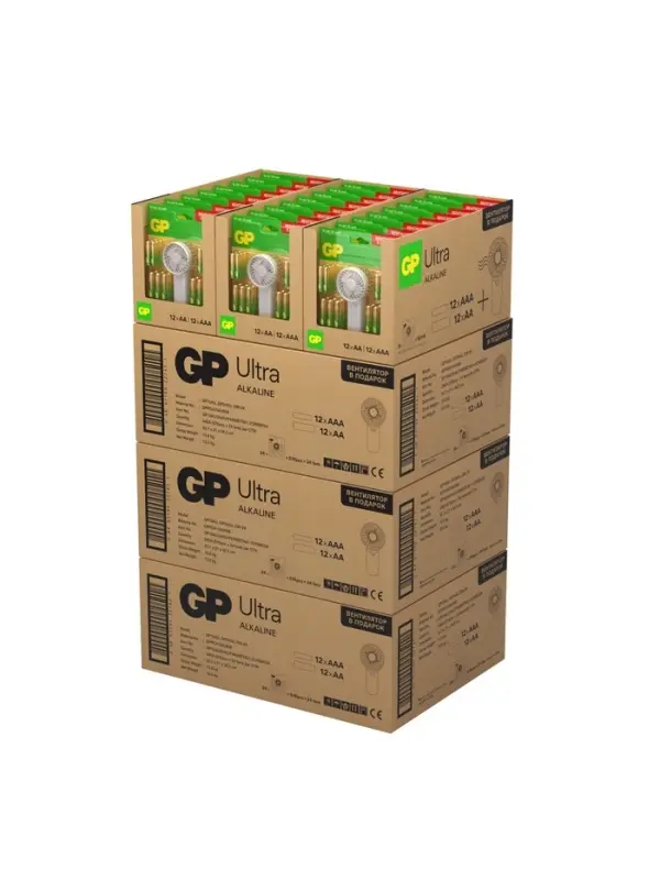 Батарейка алкалиновая GP Super, ААА+АА, LR03+LR6-24BL, 1.5 В, блистер 12+12 шт, вентилятор