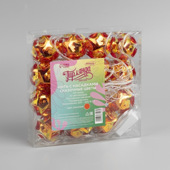 Гирлянда &laquo;Нить&raquo; 4.5 м с насадками &laquo;Цветочные шары&raquo;, IP20, прозрачная нить, 15 LED, свечение красное, 220 В